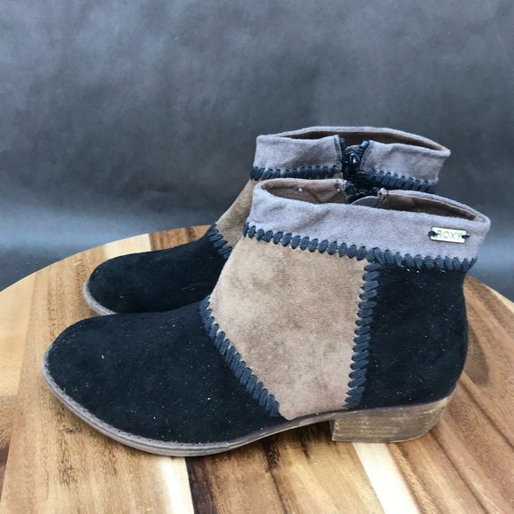 Roxy Black Brown Patchwork Block Heel Zip Up Booties Ankle Boots Womens Size 6 - Picture 3 of 7